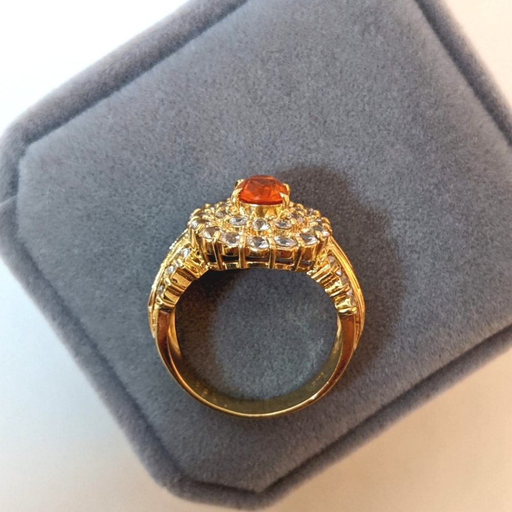 18K Yellow Gold Fire Opal Sapphire Halo Cocktail Ring - Picture 9 of 16